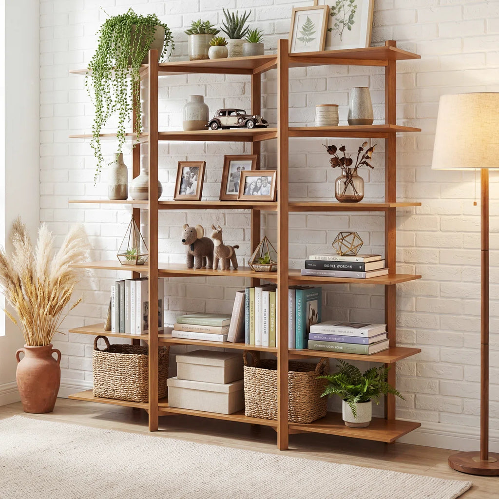 6-Tier Modern Organic Acacia Veneer Open Bookshelf with Solid Wood Supports