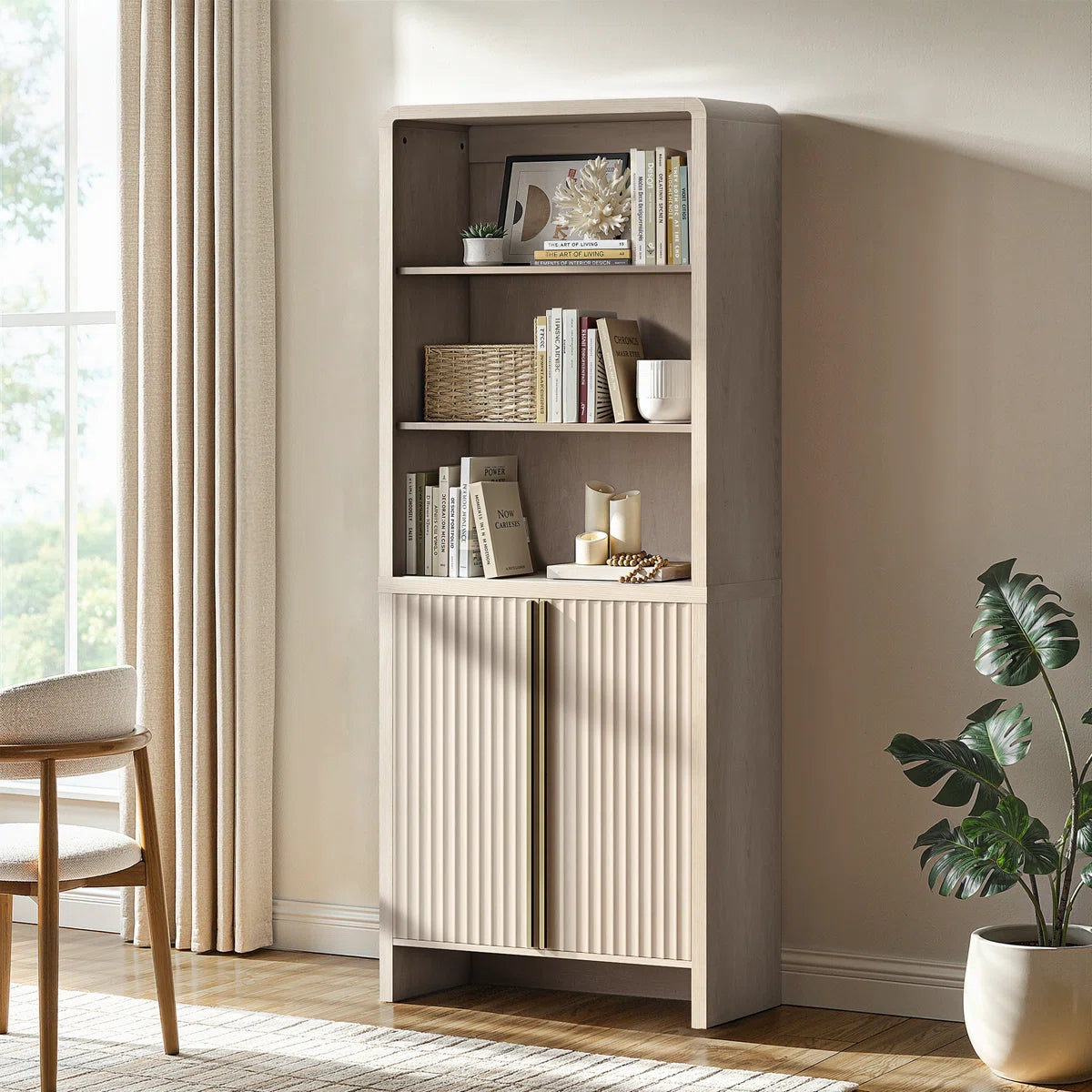 74.1" Fluted Bookcase With Doors,Book Shelf With 3 Open Shelves & 3 Hidden Shelves