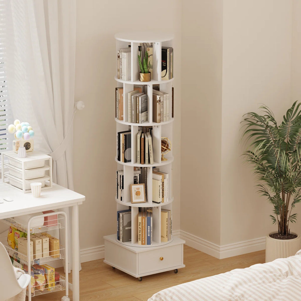 5-Tier Rotating Bookcase with Wheels and Drawers, 360° Swivel Corner Bookshelf, Solid Wood Storage Tower with Lockable Casters, Narrow Spinning Organizer for Living Room, Bedroom(White)