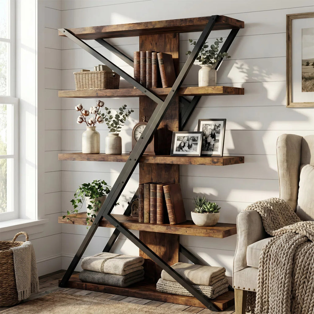 5-tier Wooden And Metal Frame Bookshelf,vintage Industrial Modern Style Tall Bookcase,67 "h X67" H x 47" W 5-Tier Geometric Bookcase, Industrial Rustic Wood & Metal Display Shelf, Large Capacity Freestanding Bookshelf
