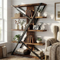 5-tier Wooden And Metal Frame Bookshelf,vintage Industrial Modern Style Tall Bookcase,67 "h X67" H x 47" W 5-Tier Geometric Bookcase, Industrial Rustic Wood & Metal Display Shelf, Large Capacity Freestanding Bookshelf
