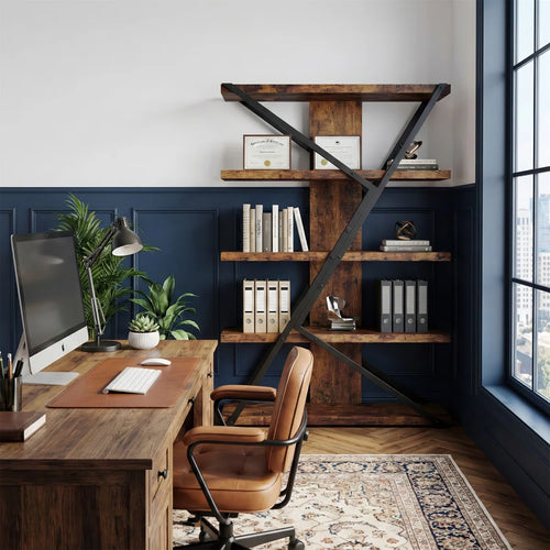 5-tier Wooden And Metal Frame Bookshelf,vintage Industrial Modern Style Tall Bookcase,67 "h X67" H x 47" W 5-Tier Geometric Bookcase, Industrial Rustic Wood & Metal Display Shelf, Large Capacity Freestanding Bookshelf