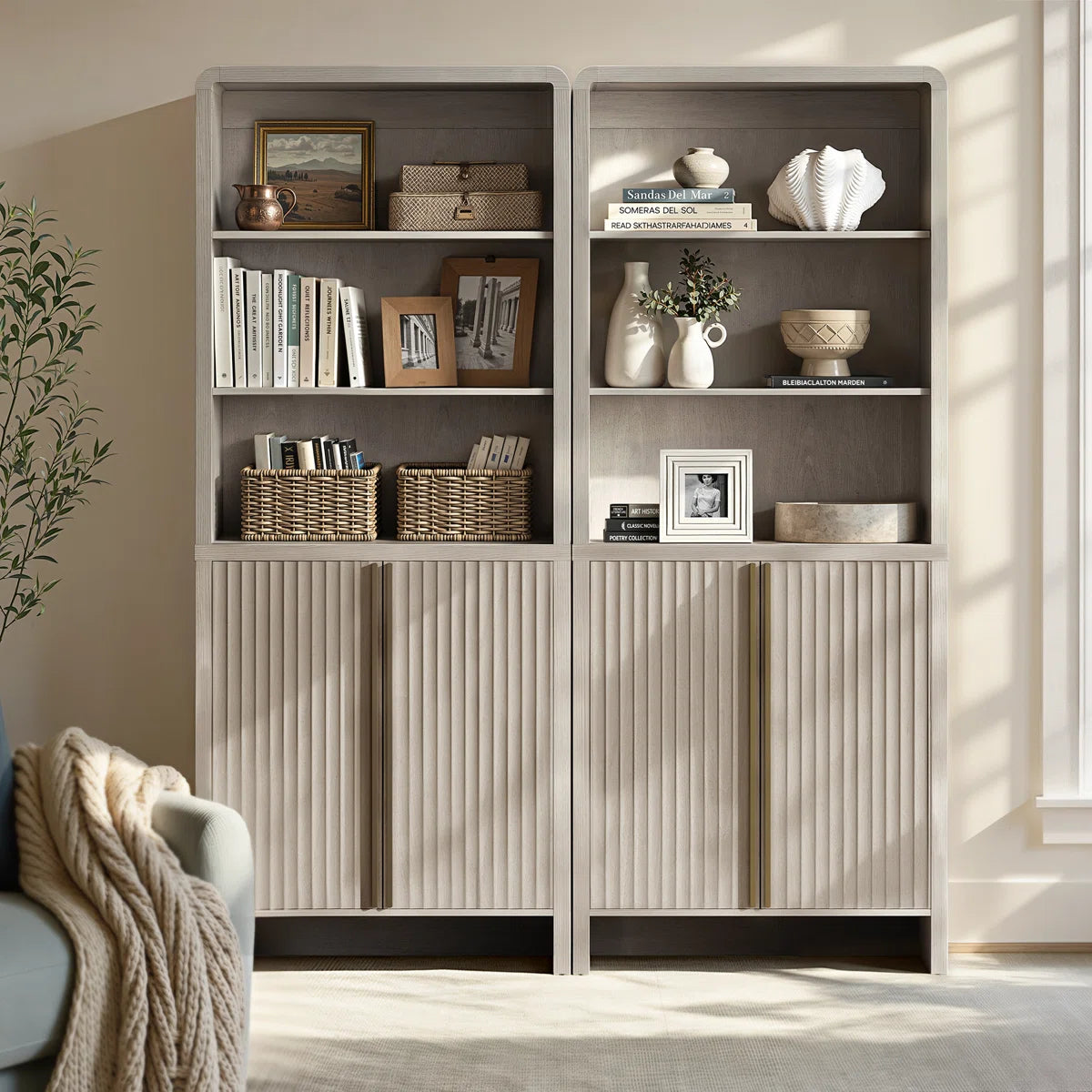 74.1" Fluted Bookcase With Doors,Book Shelf With 3 Open Shelves & 3 Hidden Shelves