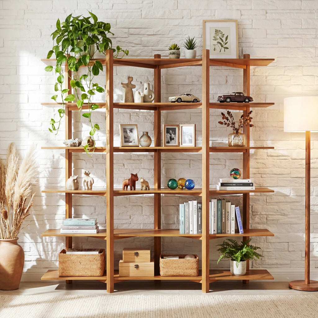 6-Tier Modern Organic Acacia Veneer Open Bookshelf with Solid Wood Supports