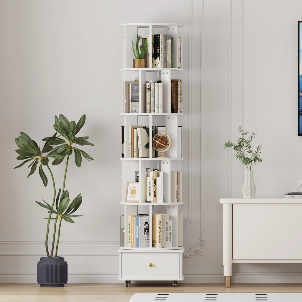 5-Tier Rotating Bookcase with Wheels and Drawers, 360° Swivel Corner Bookshelf, Solid Wood Storage Tower with Lockable Casters, Narrow Spinning Organizer for Living Room, Bedroom(White)
