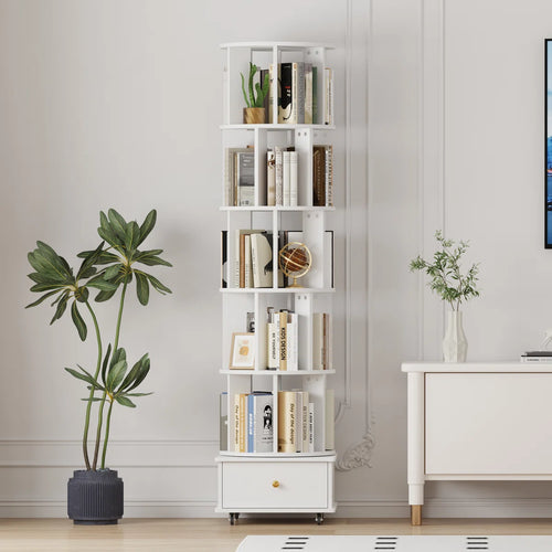 5-Tier Rotating Bookcase with Wheels and Drawers, 360° Swivel Corner Bookshelf, Solid Wood Storage Tower with Lockable Casters, Narrow Spinning Organizer for Living Room, Bedroom(White)
