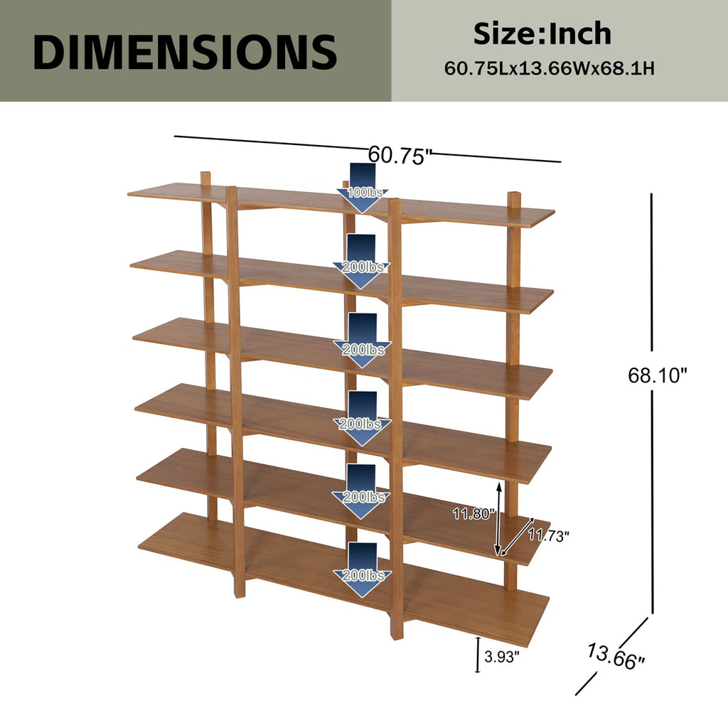 6-Tier Modern Organic Acacia Veneer Open Bookshelf with Solid Wood Supports