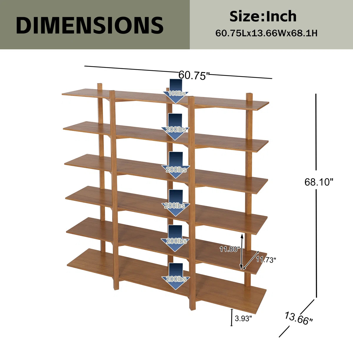6-Tier Modern Organic Acacia Veneer Open Bookshelf with Solid Wood Supports