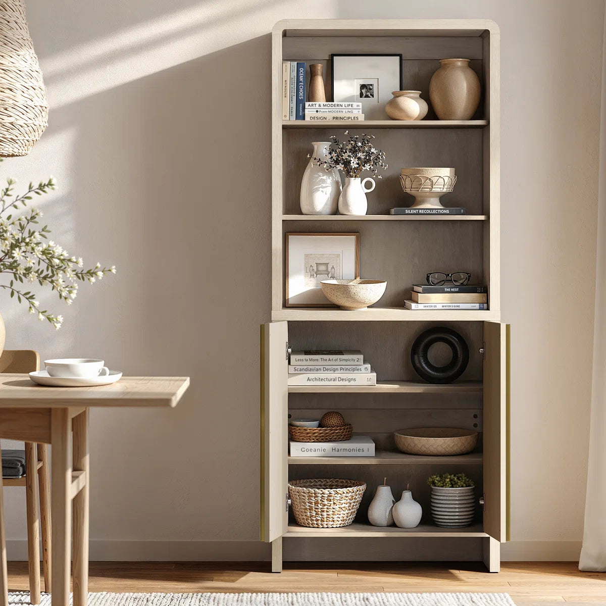 74.1" Fluted Bookcase With Doors,Book Shelf With 3 Open Shelves & 3 Hidden Shelves