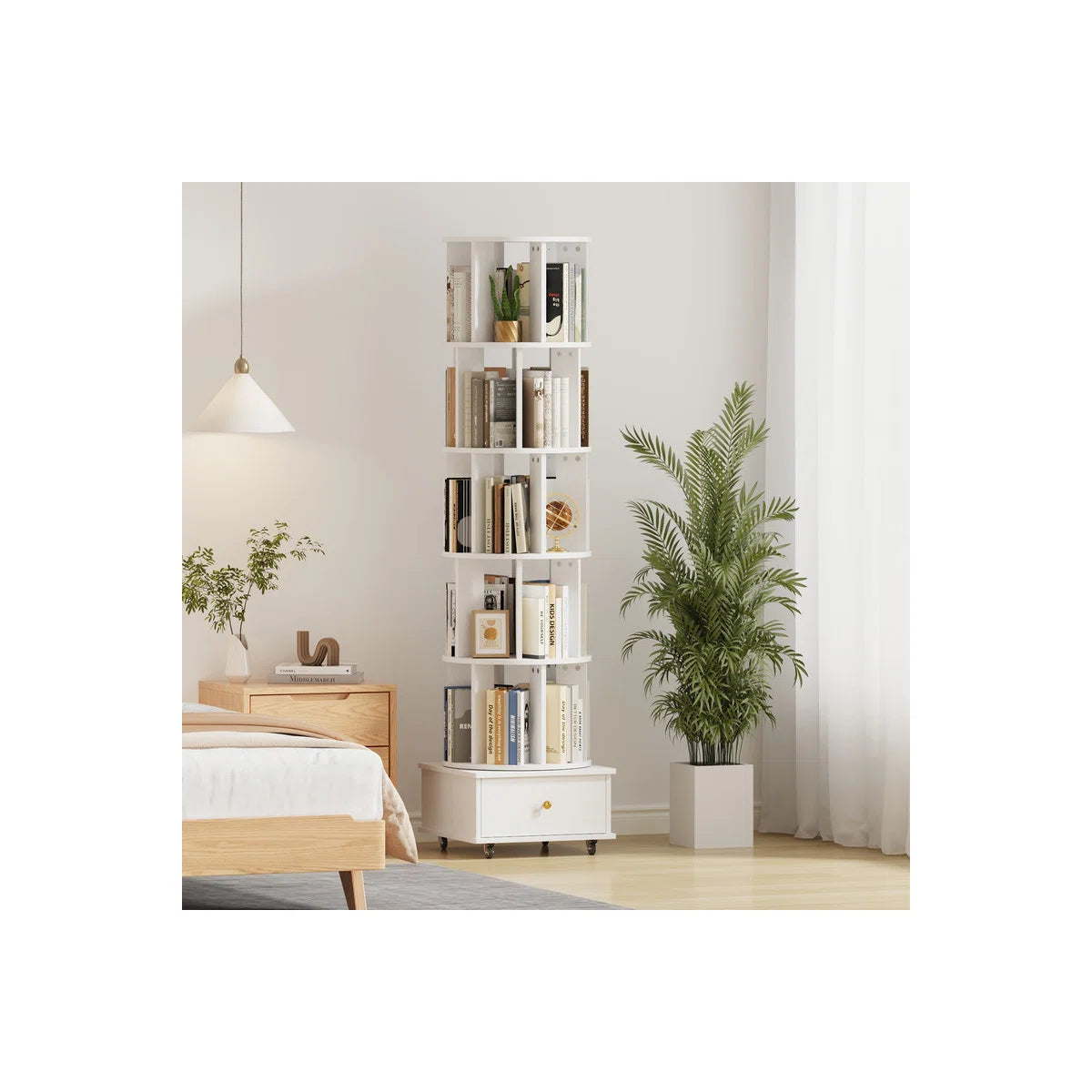5-Tier Rotating Bookcase with Wheels and Drawers, 360° Swivel Corner Bookshelf, Solid Wood Storage Tower with Lockable Casters, Narrow Spinning Organizer for Living Room, Bedroom(White)