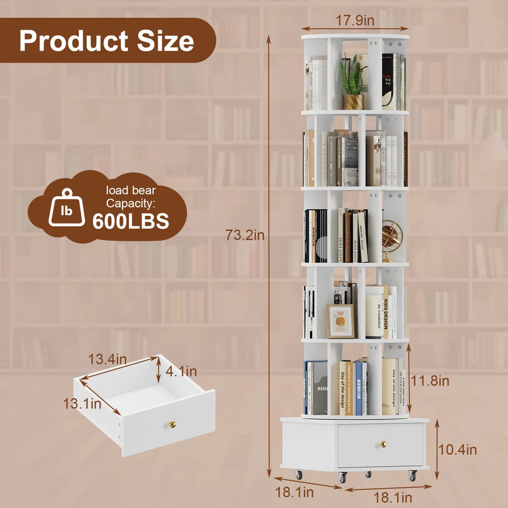 5-Tier Rotating Bookcase with Wheels and Drawers, 360° Swivel Corner Bookshelf, Solid Wood Storage Tower with Lockable Casters, Narrow Spinning Organizer for Living Room, Bedroom(White)