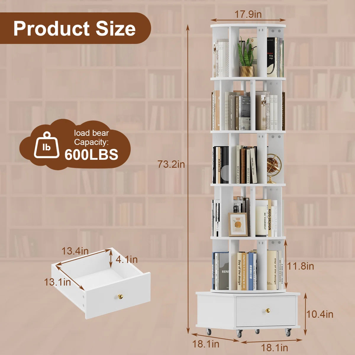 5-Tier Rotating Bookcase with Wheels and Drawers, 360° Swivel Corner Bookshelf, Solid Wood Storage Tower with Lockable Casters, Narrow Spinning Organizer for Living Room, Bedroom(White)
