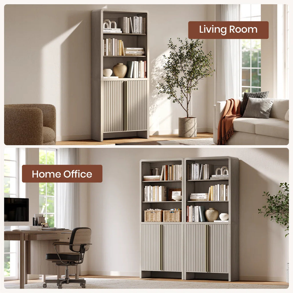 74.1" Fluted Bookcase With Doors,Book Shelf With 3 Open Shelves & 3 Hidden Shelves