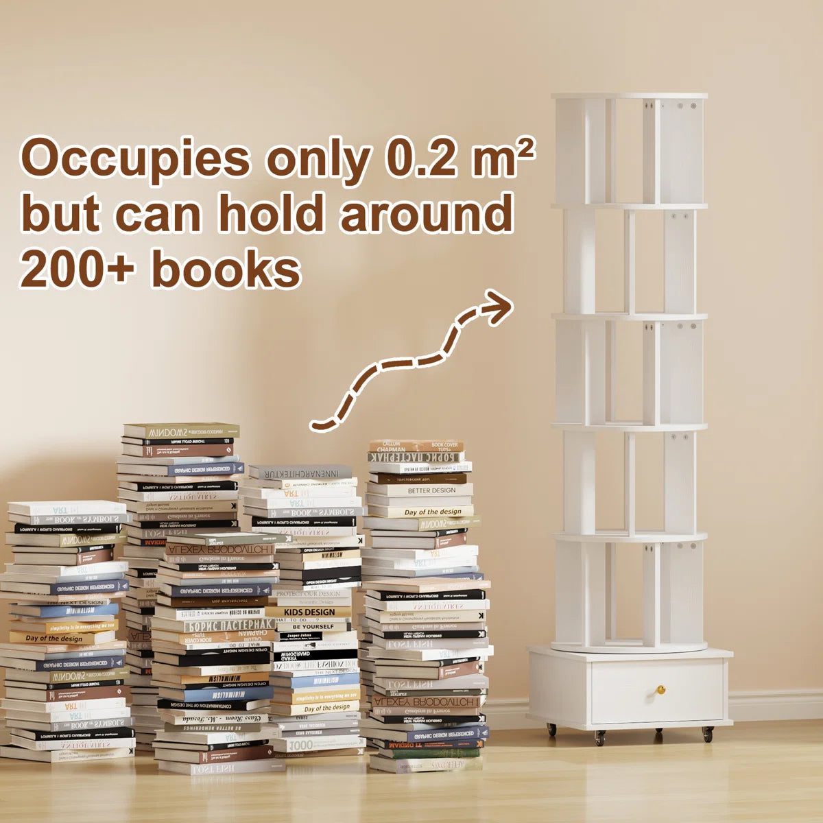 5-Tier Rotating Bookcase with Wheels and Drawers, 360° Swivel Corner Bookshelf, Solid Wood Storage Tower with Lockable Casters, Narrow Spinning Organizer for Living Room, Bedroom(White)