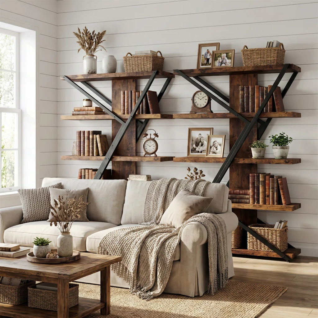 5-tier Wooden And Metal Frame Bookshelf,vintage Industrial Modern Style Tall Bookcase,67 "h X67" H x 47" W 5-Tier Geometric Bookcase, Industrial Rustic Wood & Metal Display Shelf, Large Capacity Freestanding Bookshelf