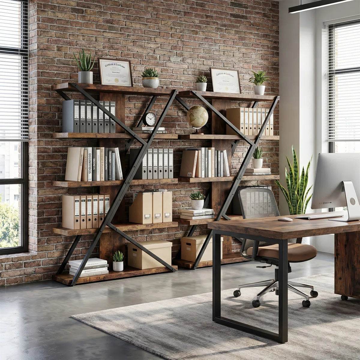 5-tier Wooden And Metal Frame Bookshelf,vintage Industrial Modern Style Tall Bookcase,67 "h X67" H x 47" W 5-Tier Geometric Bookcase, Industrial Rustic Wood & Metal Display Shelf, Large Capacity Freestanding Bookshelf