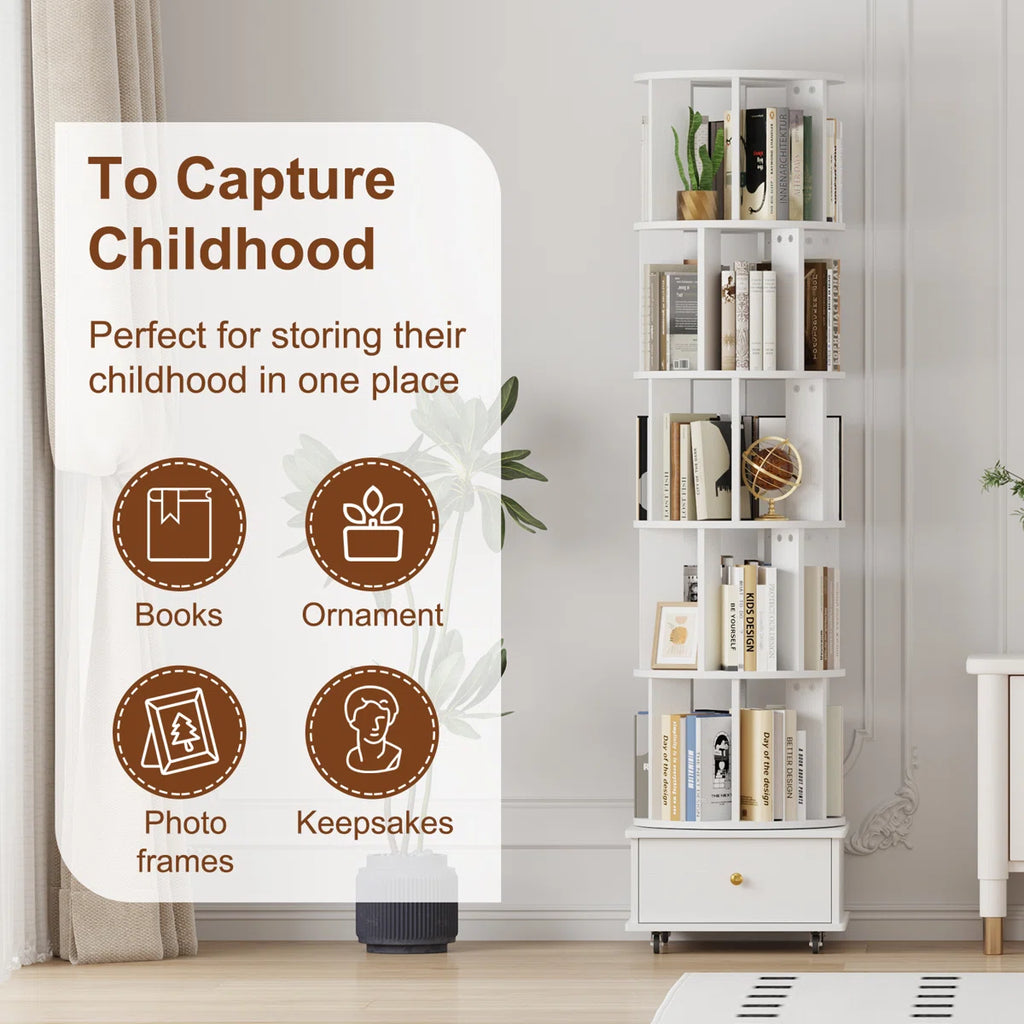 5-Tier Rotating Bookcase with Wheels and Drawers, 360° Swivel Corner Bookshelf, Solid Wood Storage Tower with Lockable Casters, Narrow Spinning Organizer for Living Room, Bedroom(White)