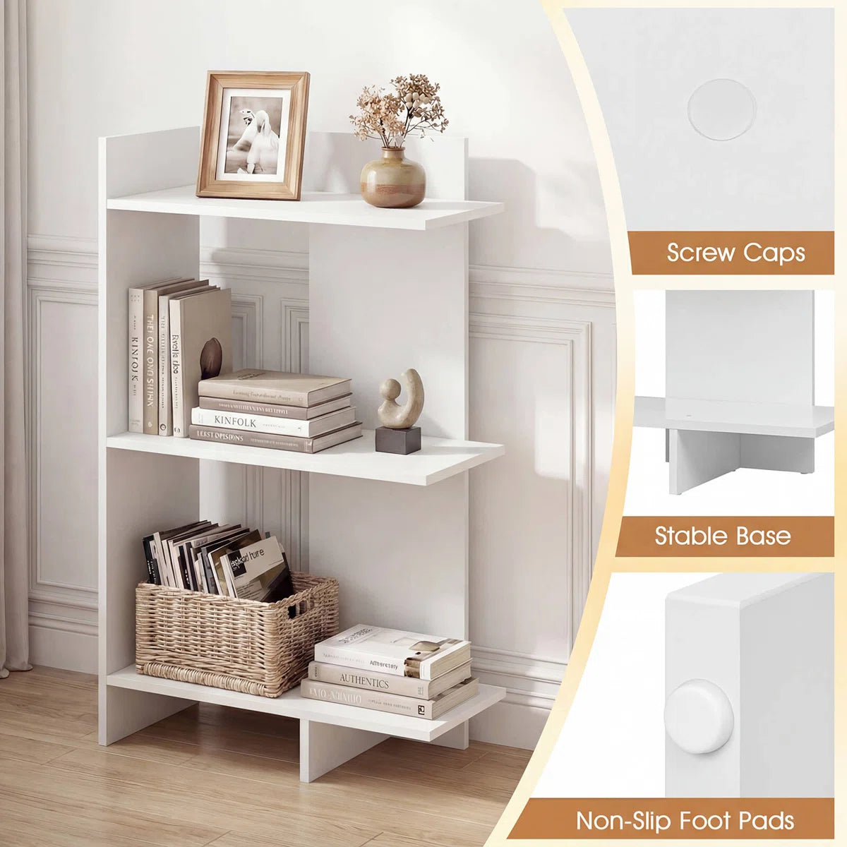 1 PCS 39.5" H x 23.5" W 3-Tier Wooden Bookshelf, Free Standing Open Storage Shelf with Anti-Tipping Kit