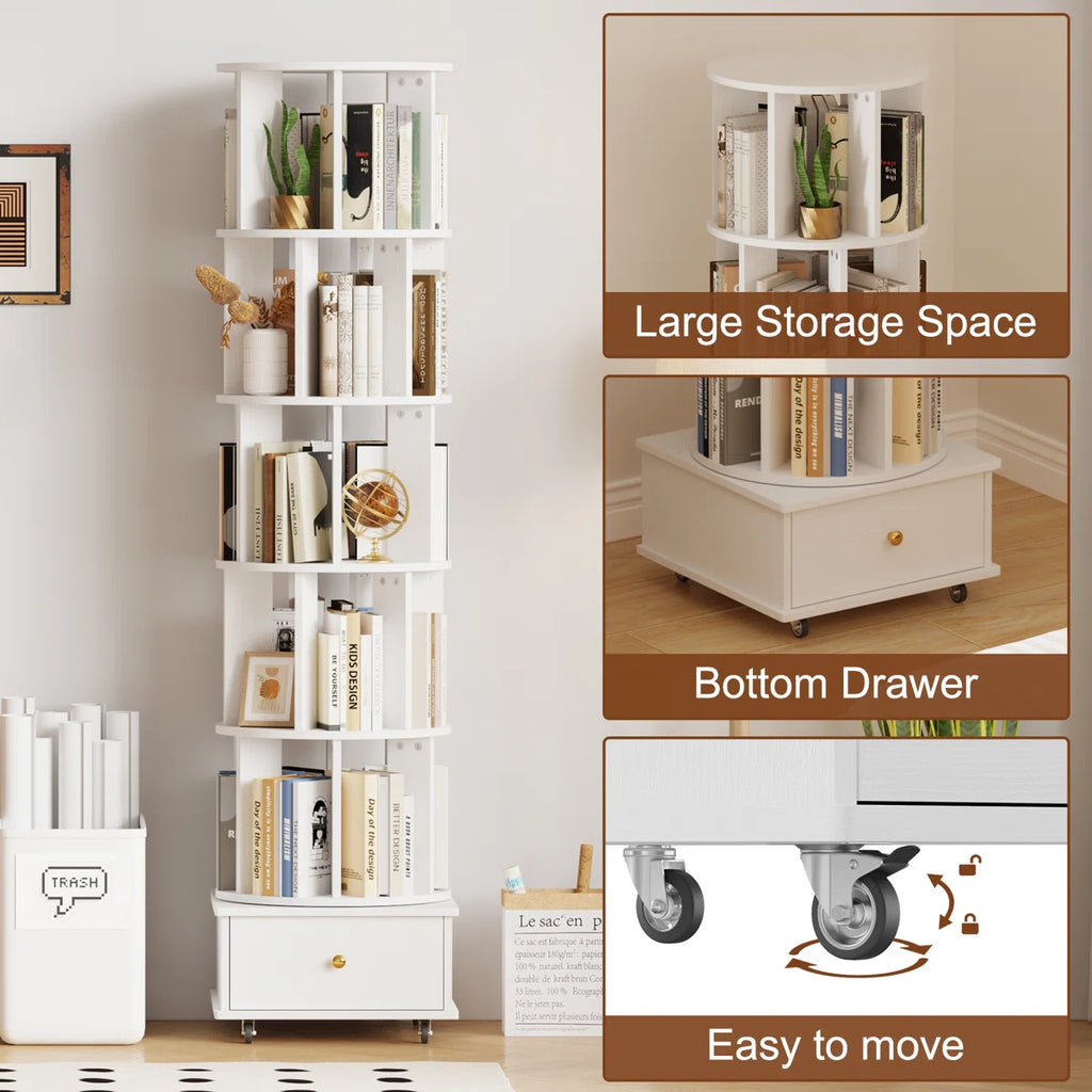 5-Tier Rotating Bookcase with Wheels and Drawers, 360° Swivel Corner Bookshelf, Solid Wood Storage Tower with Lockable Casters, Narrow Spinning Organizer for Living Room, Bedroom(White)