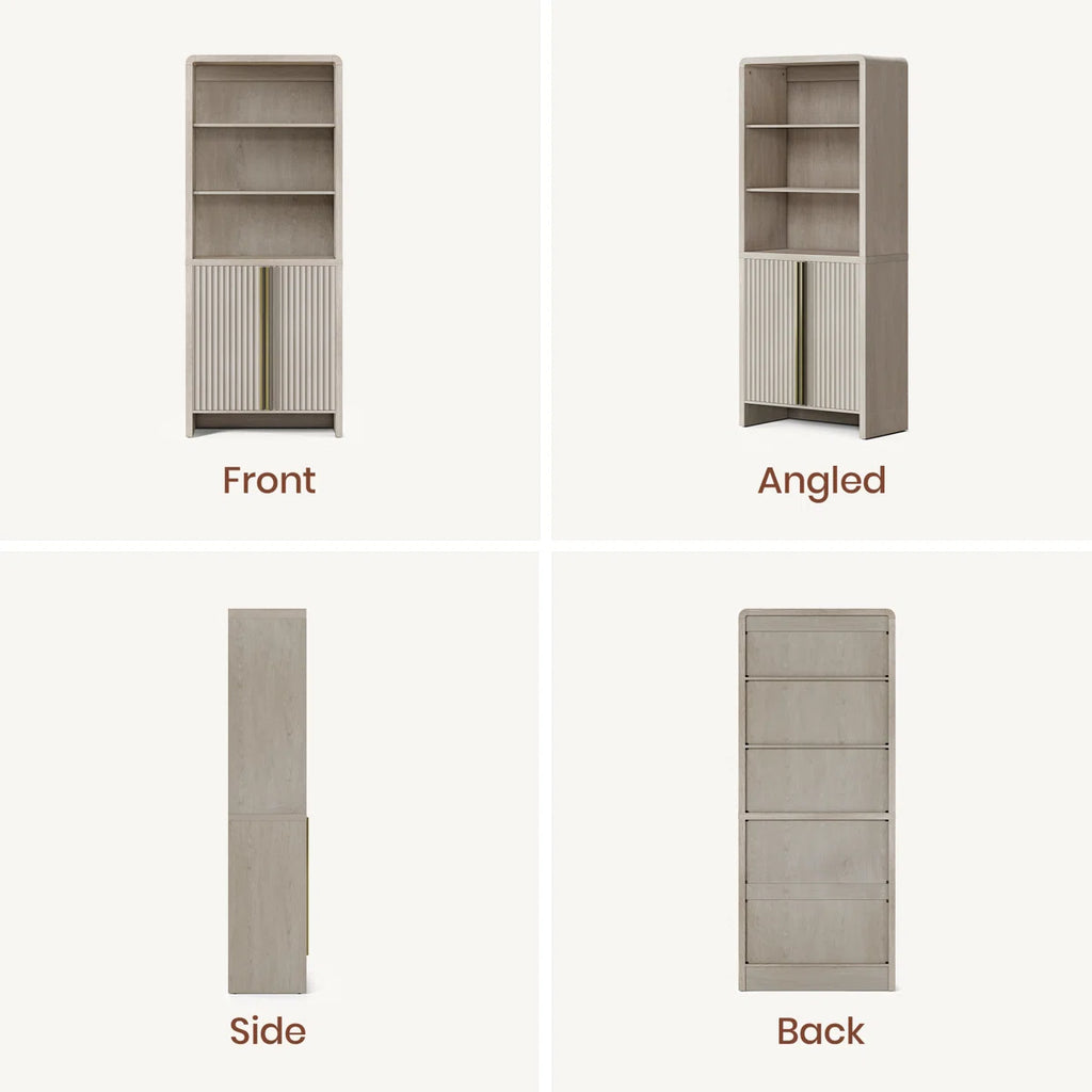 74.1" Fluted Bookcase With Doors,Book Shelf With 3 Open Shelves & 3 Hidden Shelves