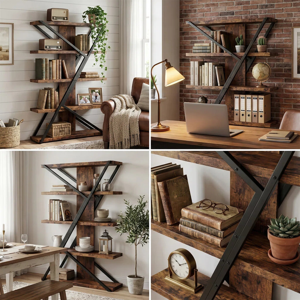 5-tier Wooden And Metal Frame Bookshelf,vintage Industrial Modern Style Tall Bookcase,67 "h X67" H x 47" W 5-Tier Geometric Bookcase, Industrial Rustic Wood & Metal Display Shelf, Large Capacity Freestanding Bookshelf