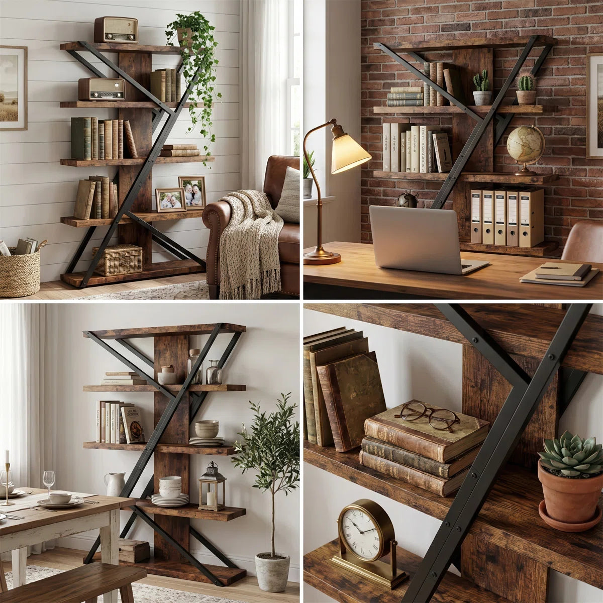 5-tier Wooden And Metal Frame Bookshelf,vintage Industrial Modern Style Tall Bookcase,67 "h X67" H x 47" W 5-Tier Geometric Bookcase, Industrial Rustic Wood & Metal Display Shelf, Large Capacity Freestanding Bookshelf