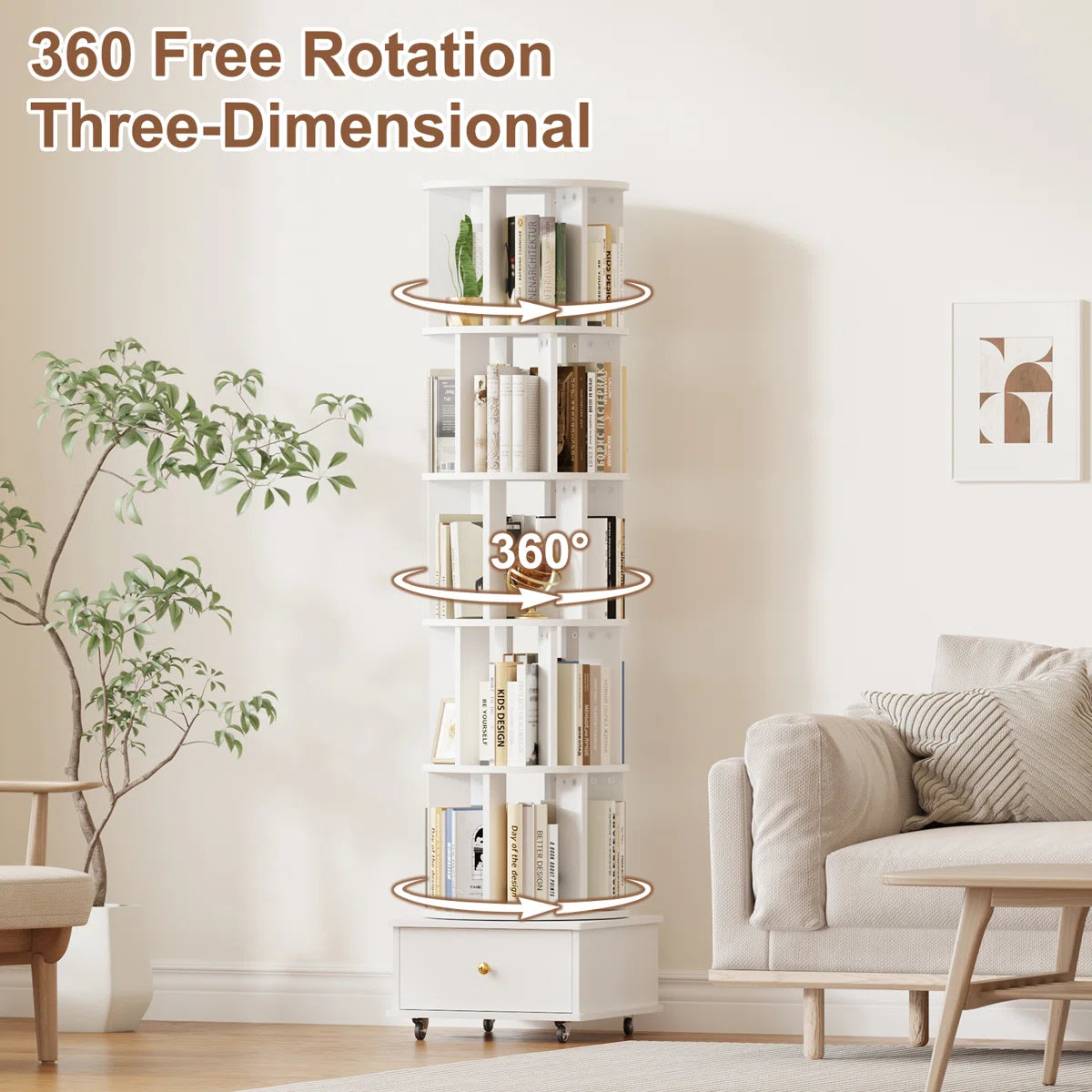 5-Tier Rotating Bookcase with Wheels and Drawers, 360° Swivel Corner Bookshelf, Solid Wood Storage Tower with Lockable Casters, Narrow Spinning Organizer for Living Room, Bedroom(White)