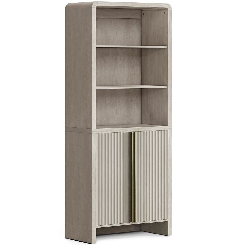 74.1" Fluted Bookcase With Doors,Book Shelf With 3 Open Shelves & 3 Hidden Shelves